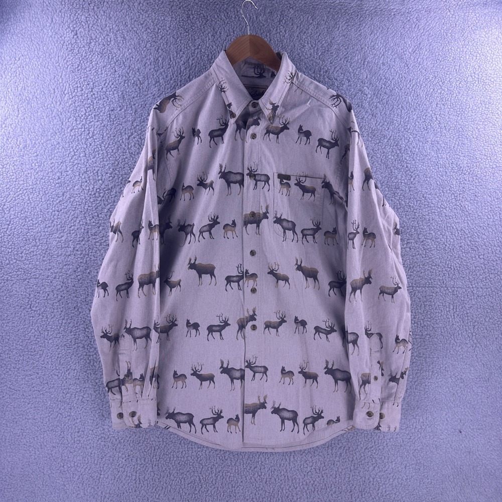Vintage Woolrich Men's Large Chamois Elk Deer Wildlife Print Button Down Shirt
